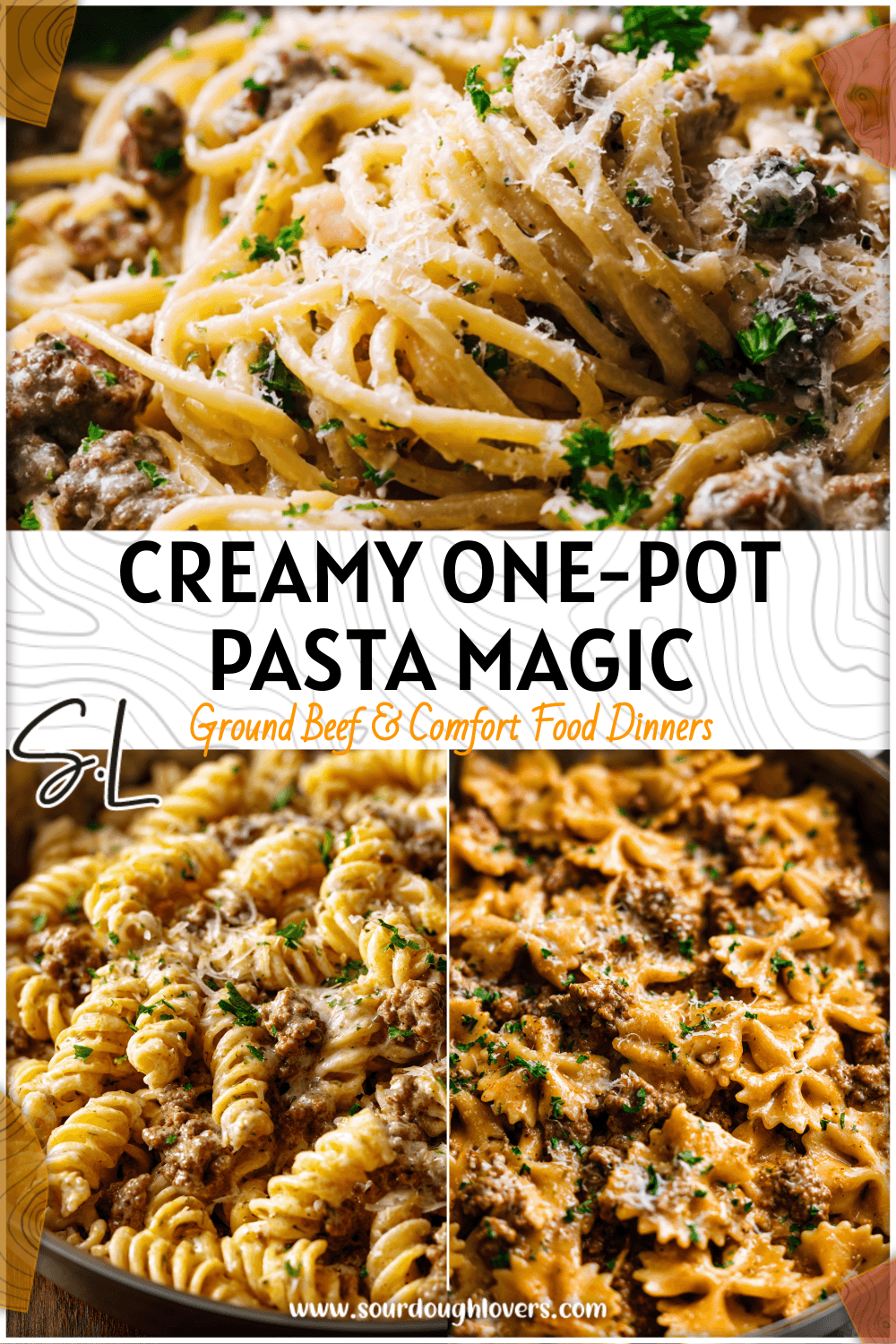 Creamy one-pot garlic butter beef pasta topped with parsley and served in a skillet. 2